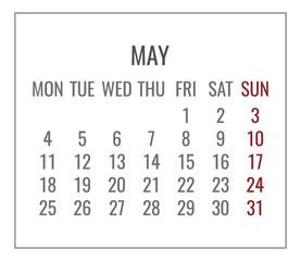 May year 2020 monthly white calendar