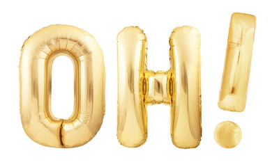 Oh! interjection with exclamation mark made of golden inflatable balloons isolated on white...
