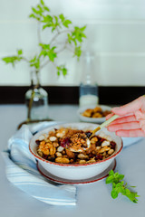 A hand holding a spoon with granola over a full bowl. Granola with walnuts, chocolate, dried cranberries, a bottle of milk, small bowl with nuts, towel, green branch. A vertical still life