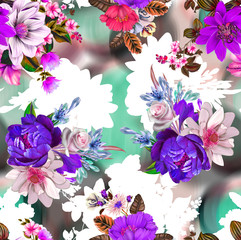 Pattern with spring flowers Pattern with spring flowers with branch, on black background with flower silhouette