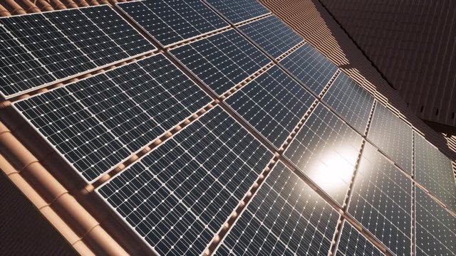 Video 3D animation of solar panels modules on roof on a sunny day