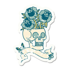 grunge sticker with banner of a skull and roses