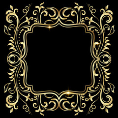 Golden shiny glowing ornate frame isolated over black