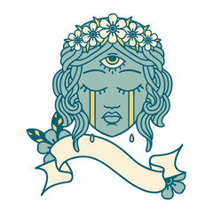 tattoo with banner of female face with third eye crying