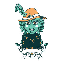 half orc bard with natural 20 dice roll illustration