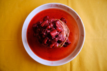 Stack of Vegan Pancakes with Homemade Strawberry Sauce. Delicious and healthy homemade breakfast.