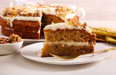 Maple, apple and walnut cake, served