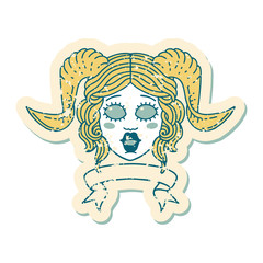 tiefling character face with scroll banner illustration