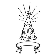banner with black line work tattoo style happy christmas tree