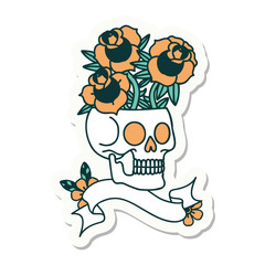 tattoo sticker with banner of a skull and roses