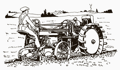 Historical farmer driving a tractor plow in a field in three-quarter back view. Illustration after an engraving from the early 20th century