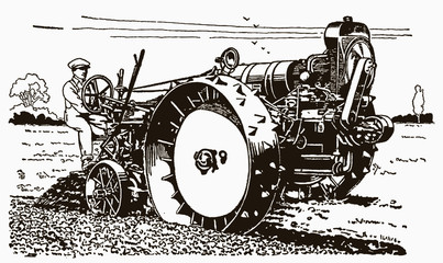 Historical farmer driving a tractor in a field in three-quarter front view. Illustration after an engraving from the early 20th century