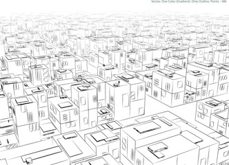 Vector illustration of a city. Stylized buildings. One color. Outline only.