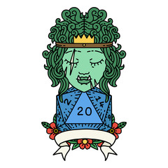 half orc barbarian character with natural 20 dice roll illustration