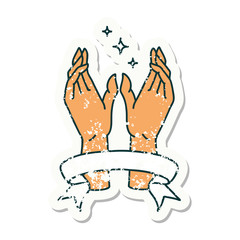 grunge sticker with banner of mystic hands