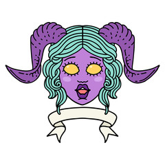 tiefling character face with scroll banner illustration