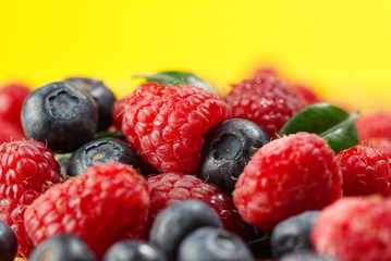 raspberry and blackberry on a yellow background.               