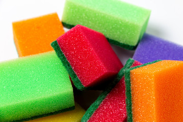 Colored sponges close up on a white background. Sponges for dishwashing