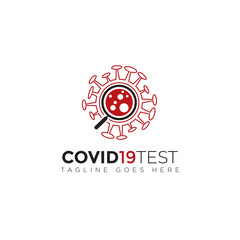 covid19test logo,  magnifying glass and virus vector