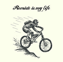 Fototapeta na wymiar Fast moving extreme bicycle rider going down hill. Hand drawn vector illustration.