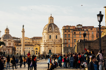 Naklejka premium ROME, ITALY - MARCH 03, 2019: Churches of Santa Maria di Loreto in square of Venice. Famous roundabout of Piazza Venezia in Rome, Italy. The Piazza Venezia is one of the most awesome squares of Rome.