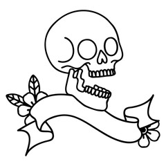 black linework tattoo with banner of a skull