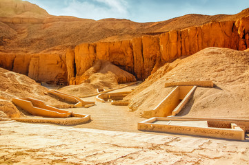Valley of kings. The tombs of the pharaohs. Tutankhamun. Luxor. Egypt. Ancient monument of architecture. Museum. Excavation. Vacation holidays background wallpaper - obrazy, fototapety, plakaty