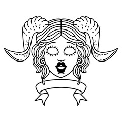 tiefling character face with scroll banner illustration