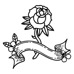 black linework tattoo with banner of a rose