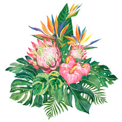 Bouquet with tropical Strelitzia flowers, Calla and Protea, monstera leaves.
