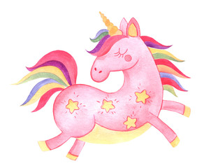 Watercolor illustration with a pink unicorn.