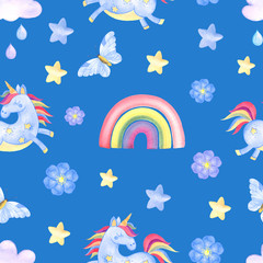 Patterns of blue unicorns, raugs, butterflies. flowers on a blue background