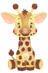 Watercolor drawing of a cute baby giraffe, small giraffe, cute giraffe, nursery, safari, African animal, baby cards, greetings, baby show, animal, baby animal