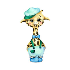 Watercolor cute cartoon giraffe boy in green clothes on a white background