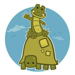 Cute baby alligator or crocodile waving its hand while sitting on a young green turtle with a big round shell. Drawn in a friendly style with flat colors with a round blue sky in the background.