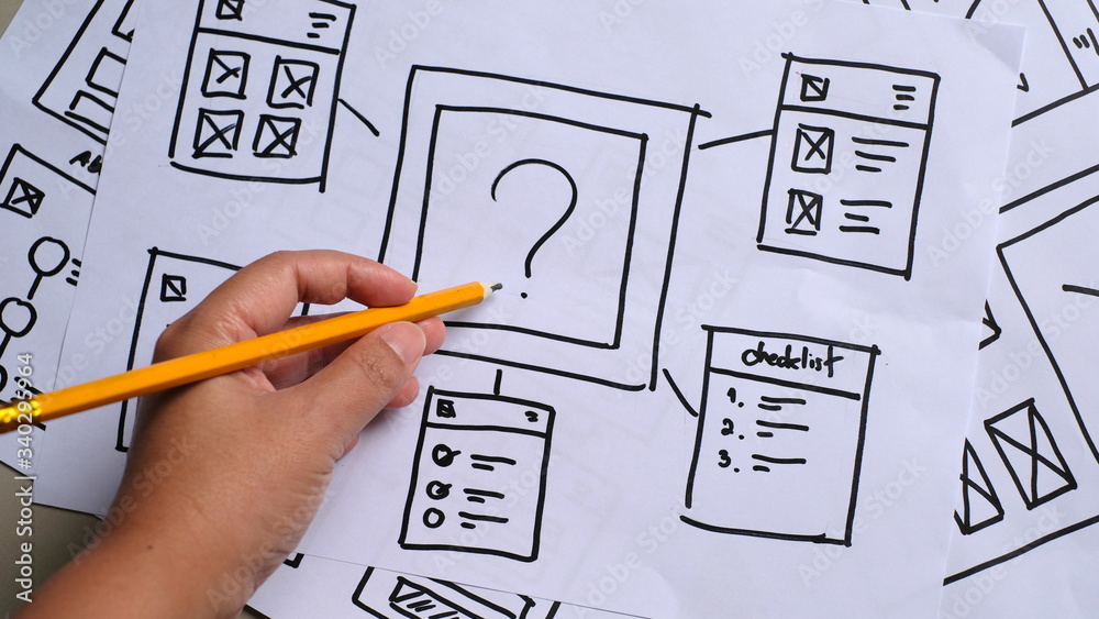 Wall mural user experience design, desk with paper sketches for mobile interface.
