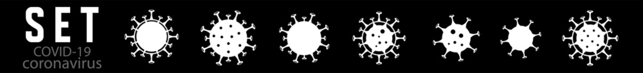 Set of icon. Inscription COVID-19. vector infographic coronavirus. Pathogen respiratory influenza covid virus cells.