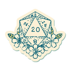 natural 20 D20 dice roll with floral elements illustration