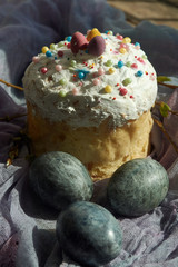 
Easter cake and eggs. Easter still life. Author's style and processing.
