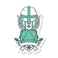 crying elf fighter character face with natural one D20 roll sticker
