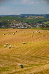 Fototapeta na wymiar Bales of straw on a harvested field, Tuscany, Italy, Europe