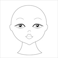 Face of model. Shape of head. Baby boy, baby girl, without hair. Coloring book for children. 
Illustration, thin pen, black and white, white background.