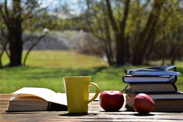 The photo shows an open book, a cup, apples and books on a wooden table with a nature background.