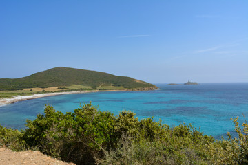 View of Plage de Tamarone, Tamarone beach, one of the most famous and wild beaches of the Cap Corse. Corsica, France