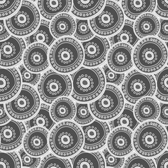 Abstract art geometric monochrome vector seamless pattern. Hand drawn gray dotted circles layering on each other. Template for design, textile, wallpaper, wrapping, ceramics.