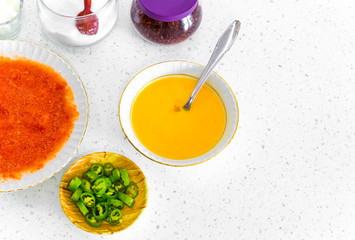 Egg, tomato, pepper prepared for making Turkish omelette