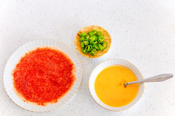 Egg, tomato, pepper prepared for making Turkish omelette