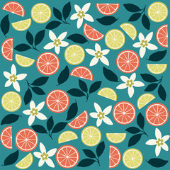 turquoise blue green background of limes, oranges, tangerines and flowers in rich colors 