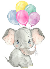 Watercolor drawing baby elephant with balloons,  little elephant, cute elephant, nursery, zoo, safari, african animal, baby cards, greetings, baby show, baby animal, funny animal, birthday party