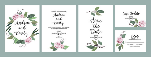 Set of wedding floral invitation, menu, Save the Date, RSVP card template. Green leaves and pink roses